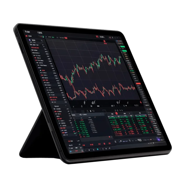 Tablet menampilkan dasbor perdagangan saham